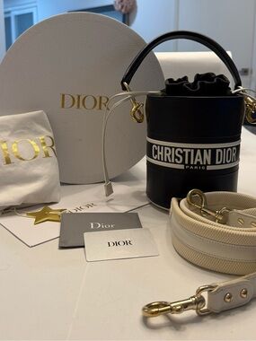 Dior Navy Blue Leather Bucket Bag with White Logo Band